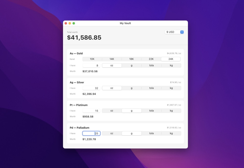 SpotBar My Vault showing total stack value updating in the menu bar