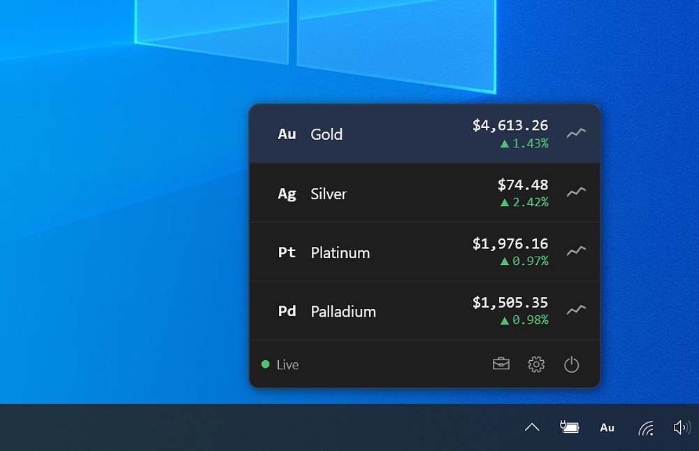 SpotBar in the Windows taskbar with the metals popover open